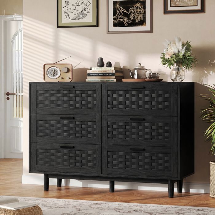 Commode 6 Tiroirs Effet Rotin PVC Meuble de Rangement Bois avec Pieds en Bois Massif Grande Capacité de Stockage Noir