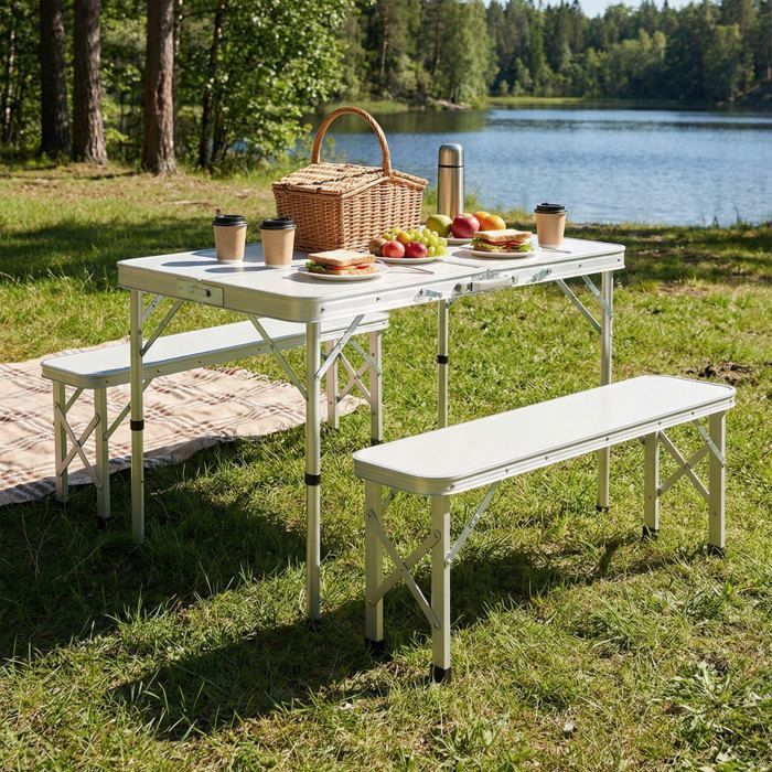Table de camping pliante - 90 x 60 cm - Aluminium léger - Pliable format valise - 1 table + 2 bancs