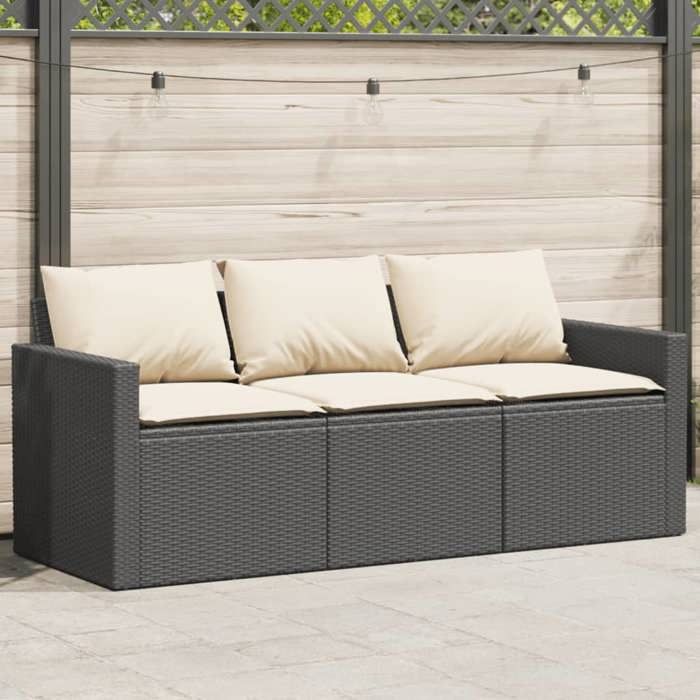 SOFA DE JARDIN/Salon bas de jardin Noir Magnifique Canapé de jardin avec coussins 3 places noir résine tressée 177x70x68cm CL9095321