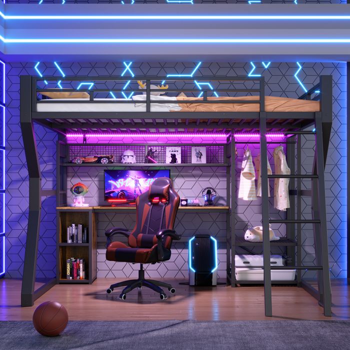 Lit mezzanine bureau 140 x 200 cm avec LED prise penderie étagères et rangements - cadre en métal - noir