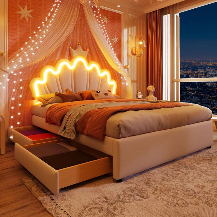 Lit capitonné princesse 140x200 cm tête couronne réglable LED télécommandée 2 tiroirs PU sans matelas blanc Lit capitonné princesse 140x200 cm tête couronne réglable LED télécommandée 2 tiroirs PU sans matelas blanc