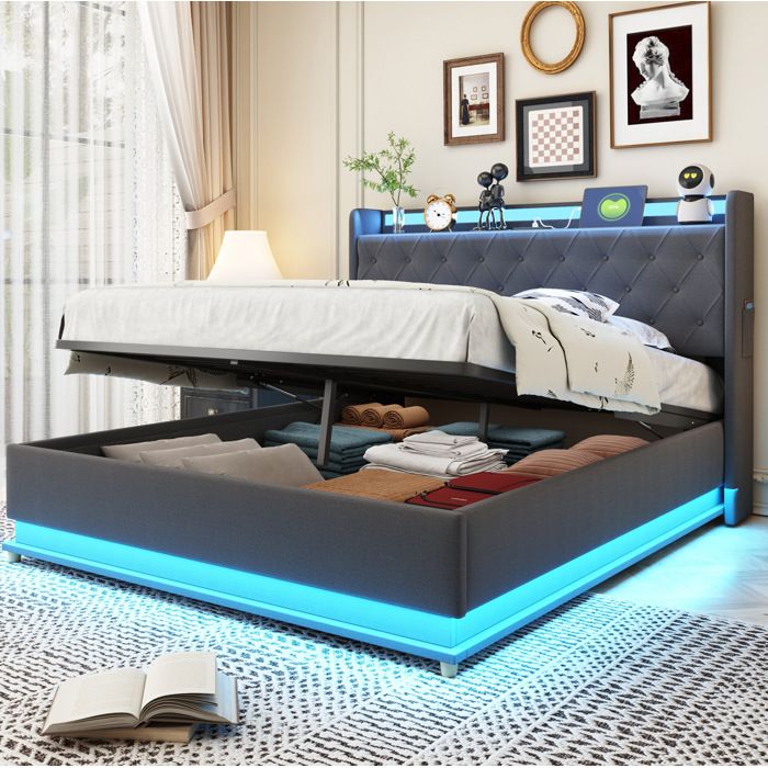 Lit coffre 140x200 cm lit adulteavec LED multicolore port USB et coffre de rangement hydraulique tissu gris