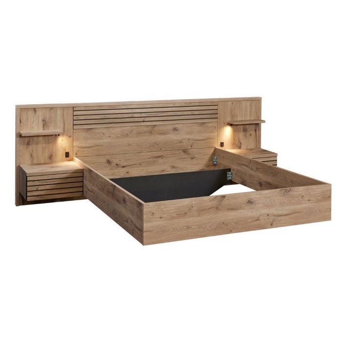 Lit 160x200cm avec tête de lit chevets suspendus et éclairage intégré aspect bois et noir - NIKITA Lit 160x200cm avec tête de lit chevets suspendus et éclairage intégré aspect bois et noir - NIKITA