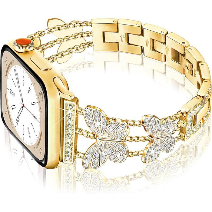Stravo Bracelet femme bijou luxe élégant compatible Apple Watch 38/40/41/42 mm Série 1-11 SE 1-3 – Papillon strass – Or