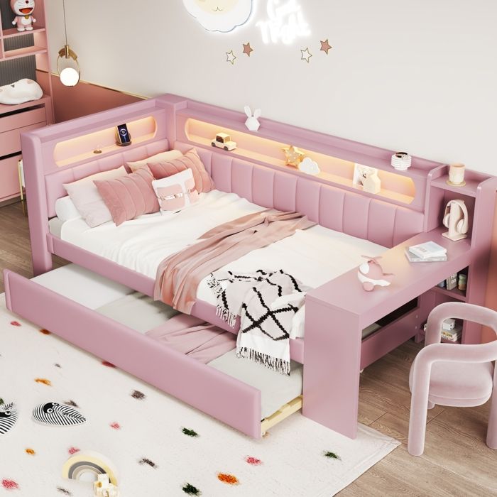 Lit combiné 90x200 EVRYAE avec lit gigogne bureau USB et LED 7 couleurs rose MDF et contreplaqué