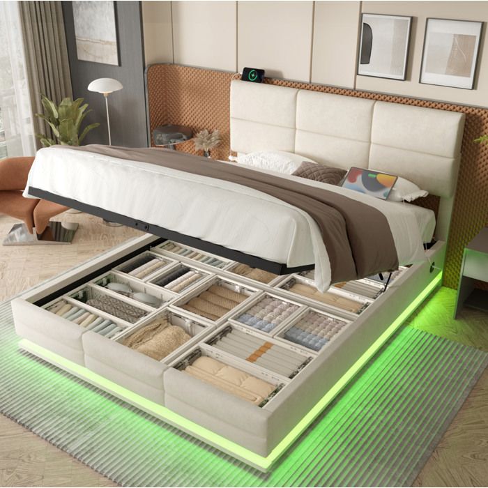 Lit coffre 160 x 200 cm en velours beige avec LED USB/Type-C tête de lit réglable et rangement