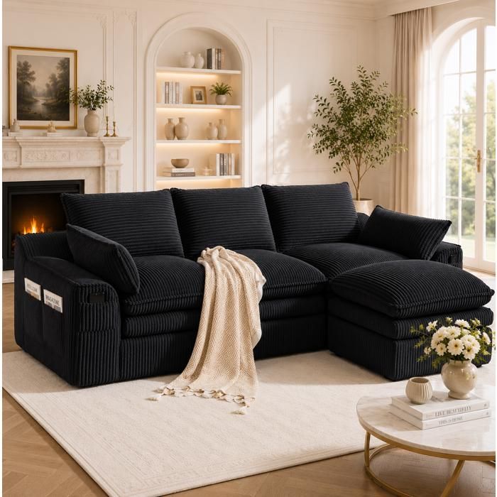 Modenuit canapé modulable 3 places avec pouf tissu côtelé noir poches latérales et coussins inclus
