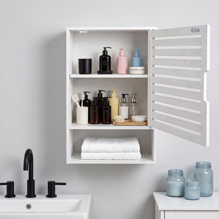 OHMG-Meuble Mural Pour Salle De Bains-Porte À Persiennes-Respirant+Ventilation-Fixation Murale-Bambou-Stockage Multicouche-Blanc