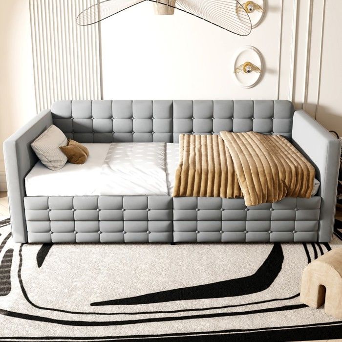 Canapé-lit velours gris capitonné 90x190cm carreaux rangement latéral 2 tiroirs lit appoint salon chambre Sans Matelas