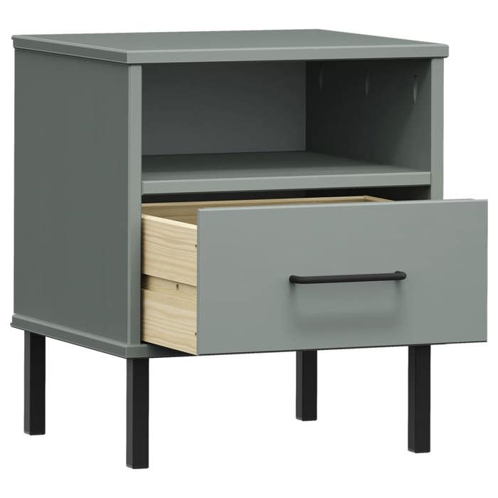 Cabinet de Lit Moderne Gris Table de chevet/nuit avec rangement avec pieds en métal Gris Bois pin massif OSLO CC2528