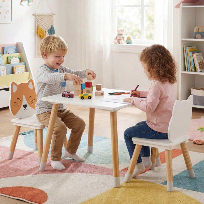 Ensemble table et 2 chaises enfant pour dessiner et jouer dossiers en forme de chat maison école crèche