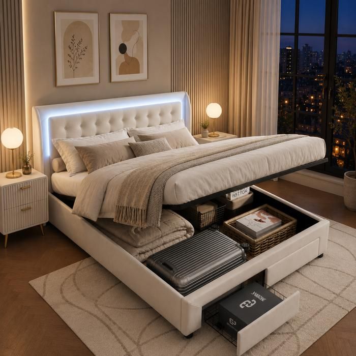 Lit Coffre Hydraulique 140x190 en Velours avec Sommier et 2 Tiroirs Lit Fonctionnel avec LED Tête Capitonnée 2 Personnes  Beige