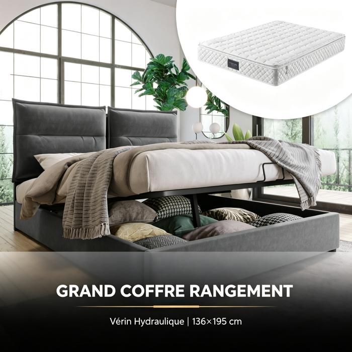 URTR Lit double capitonné hydraulique 140x200 cm tête réglable lattes métal velours rangement avec matelas élégant gris