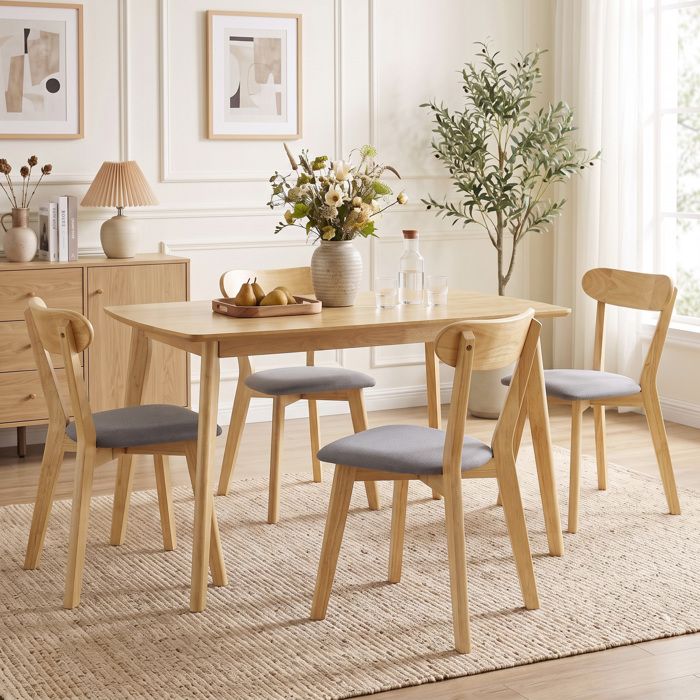 Lot de 4 Chaises de Salle à Manger Chaises Cuisine Assise Rembourrées en Lin Dossier Incurvé Gris et Bois Naturel