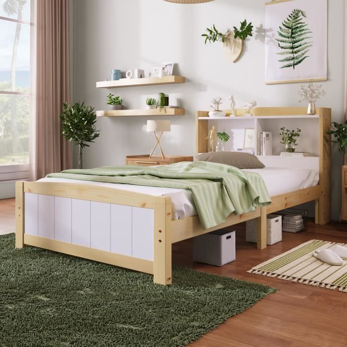 cadre de lit 90 x 200 cm, lit en bois avec tête de lit, bois massif blanc naturel (matelas et tiroirs non inclus)
