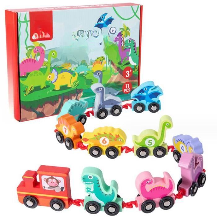 Wisplye Train En Bois Dinosaure Jouet Numéro 1-10 Véhicules Pour En Montessori Voiture Jouet De Motricite Compatibles Av Am
