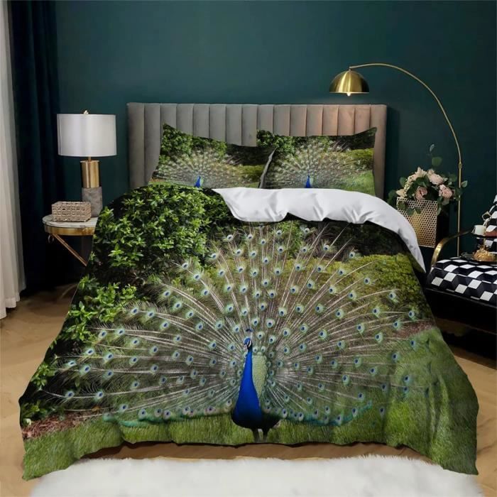 Housse De Couette 140x200 Cm Motif Paon Vert - Microfibre Réversible, 1 Taie D'oreiller 65x65 Cm | Fermeture Zip, Attaches D'angle, Lavable Machine
