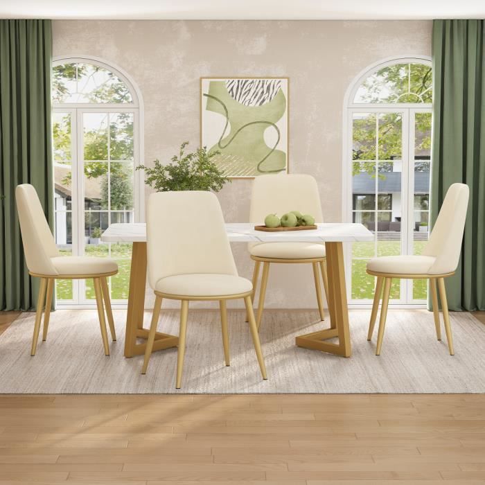 Table à manger 117×68×75cm avec 4 chaises, ensemble de table de cuisine moderne, sièges ronds en velours beige, pieds de table dorés