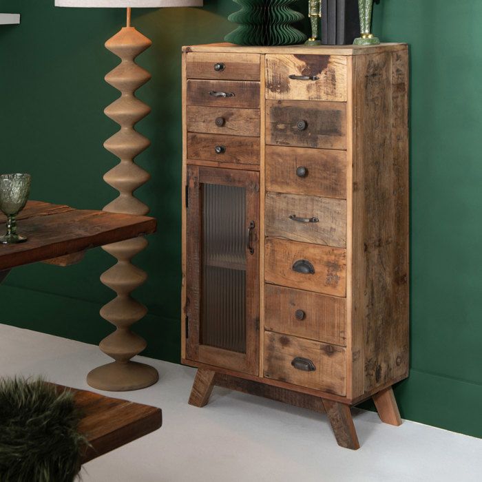 Commode 1 porte 11 tiroirs 62x30x110 cm en bois recyclé marron