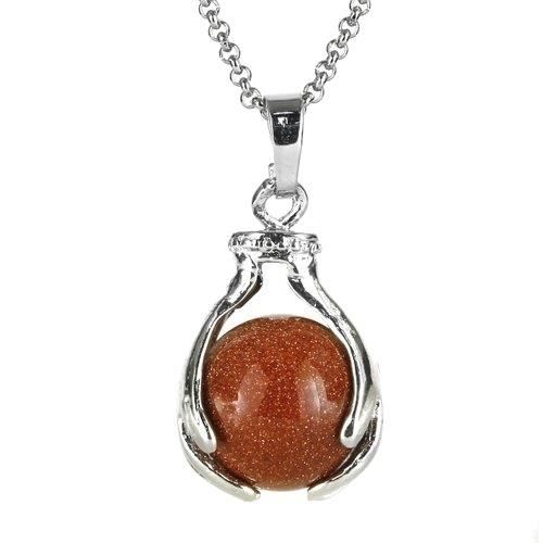 GOLDSTONE PENDENTIF MAIN ENLACÉE PLAQUÉ ARGENT PIERRE DU SOLEIL SYNTHÉTIQUE