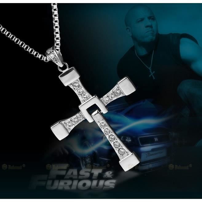 Collier Pendentif Croix Fast And Furious Style Vin Diesel - 52 Cm, Plaqué Argent, Neuf