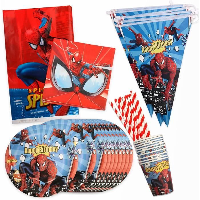 GUBOOM 85 PCS Vaisselle de Fête avec Spiderman, Spiderman Decoration  Anniversaire, Spiderman Fêtes Supplies Compris Assiettes, Tasses,  Serviettes, Bannières, Nappe, Pull flag, Ballons : : Cuisine et  Maison