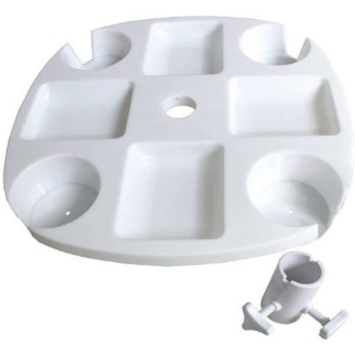 Plateau Pour Parasol 37x37 Cm - Table Basse Plage/jardin Avec 4 Porte-gobelets Et Compartiments - Blanc, Compatible Poteaux 22-40 Mm