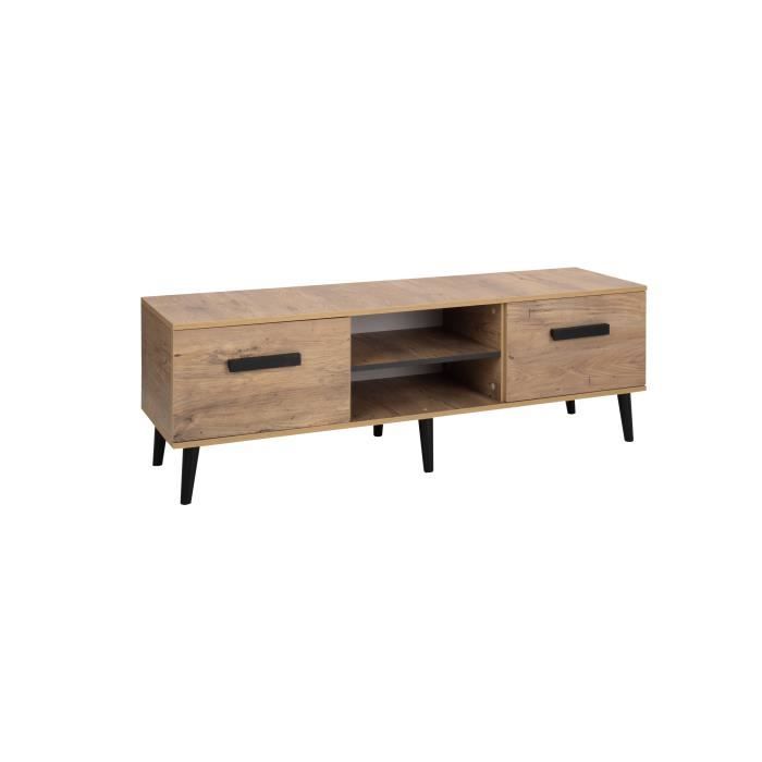 meuble tv avec tiroir | pieds en bois de hêtre | châtaigne + noir mat - 150,2x42x49,2 cm - granito (150 cm)