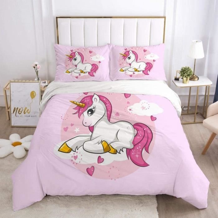 Housse de Couette - 3D Licorne - Microfibre - Rose - 220x240cm