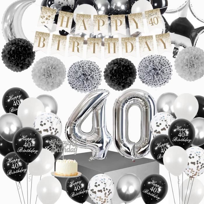 40 Anniversaire Décorations Ballon, Joyeux Anniversaire Ballons Noir Argent  Blancs Confettis Fourniture D'Anniversaire Joyeu[w9130]