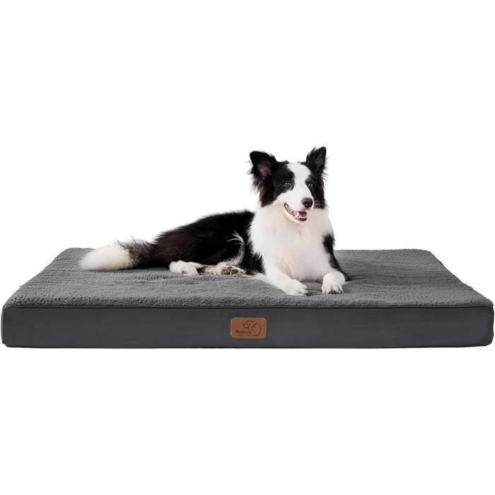 Coussin Orthopédique pour Chien - Bedsure - Grande Taille 91x69x7.6cm - Gris - Mousse de Caisse d'Œufs - Lavable