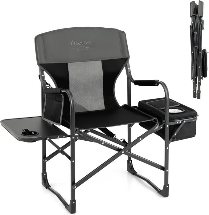 Chaise De Camping 2 Places Avec Parasol Réglable – COSTWAY – Pliante, Glacière Intégrée, Charge 120kg/siège – Bleu