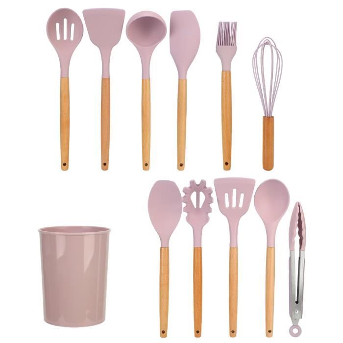 Set 9 Ustensiles Cuisine Silicone Manche Bois - Résiste à 230°C | Blanc Naturel | Parfait Cuisson Antiadhésive