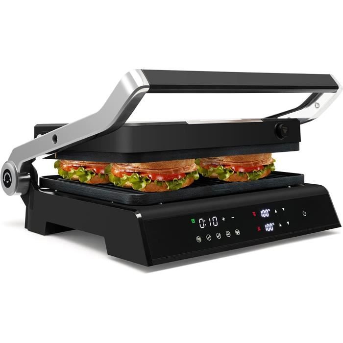 GOPLUS Grill à Panini Rabattable à 180° & 5 Programmes Plaques Double Face Antiadhésives Affichage LED - Noir