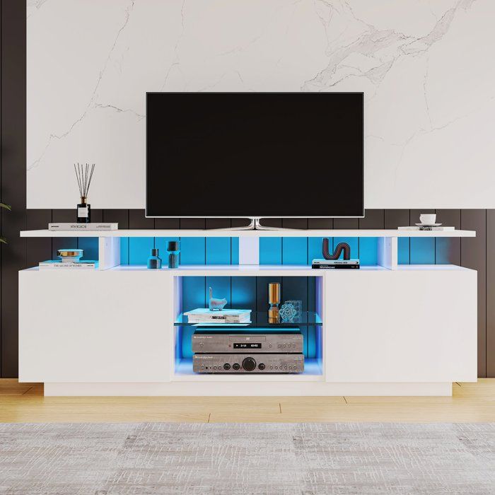 Meuble TV - Meuble TV rectangle - Blanc brillant - LED 16 couleurs - 140x35x61 cm
