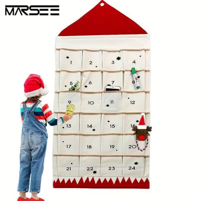 Calendrier De L'Avent En Feutre Réutilisable - 24 Poches Vides, Motifs Noël, 75x35 Cm, Bâton De Bois Inclus