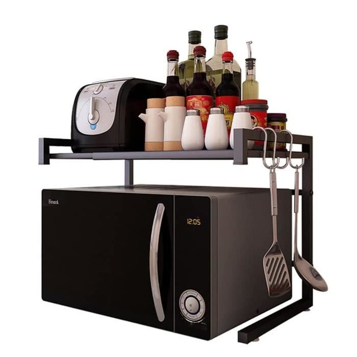 Rangement Extensible Support Micro-Ondes 2 Niveaux Extensible 40-64cm - Étagère Cuisine Avec 6 Crochets Organisation Cuisine