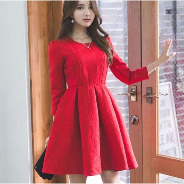 Nouveau Slim Couleur Unie Rouge Robe Femme Mode Broderie Manche Longue Printemps Automne Hiver Robe Courte Rouge Achat Vente Robe Cdiscount