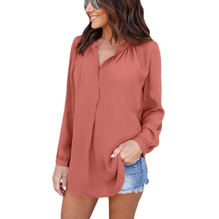 Mode Chic Chemisier Femme Manches Longues Tunique Col V Mousseline