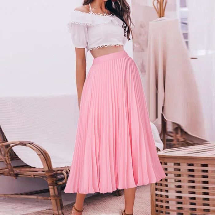 Jupe trapeze plissee taille haute pour femmes Jupe en mousseline multicouche solide Rose Rose Cdiscount Pret a Porter