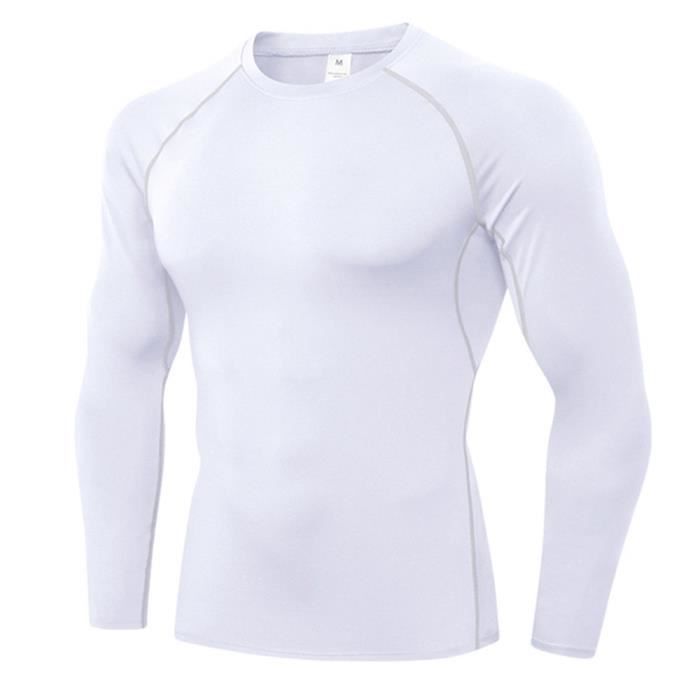 Maillot Compression à Manches Longues pour Homme - PRO Fitness - Blanc -  Séchage Rapide - Baselayer Haut Serré