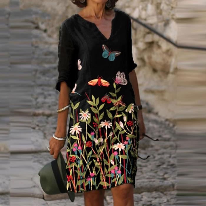 Robe Col En V Imprimée Manches Courtes Droite Maxi main image 0
