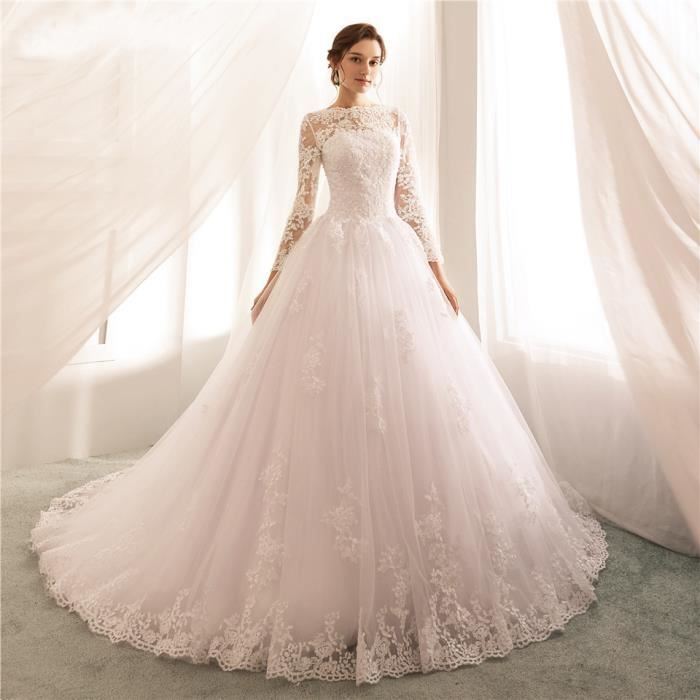 Robe de mariée XXL blanche à manches longues et col rond Robe de mariée