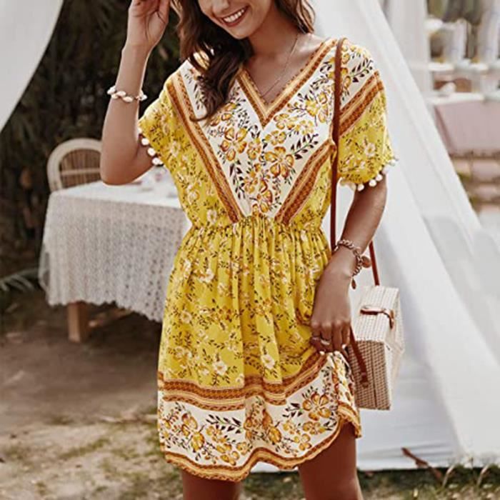 Robe Longue Fleurie à Col en V et Manches Courtes à Volants