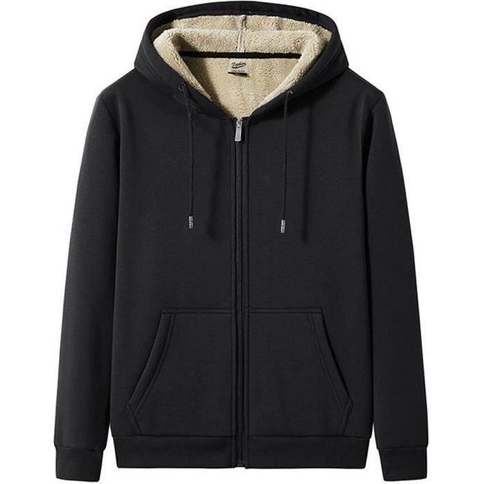 Homme Sweat À Capuche Grande Taille Zippé Doublé De Polaire Lâche Noir