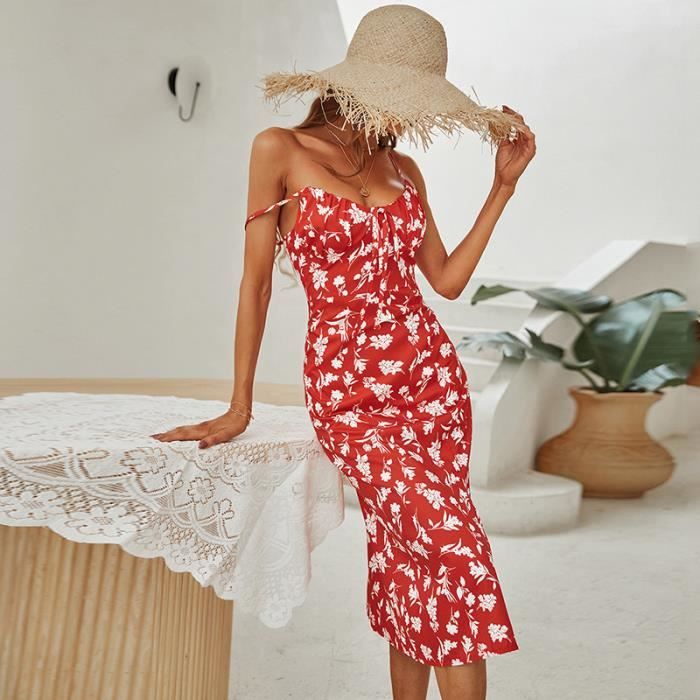Robes Femmes elegante a Manches Longues Robe boheme Femme Elegant Robe Col en V Robe sexy bretelles Rouge Cdiscount Pret a Porter
