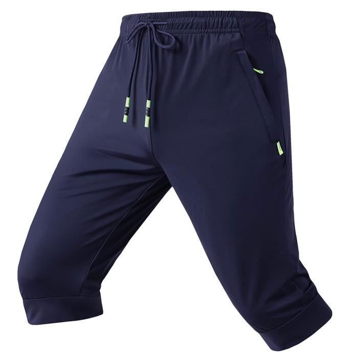 Pantacourt Sport Homme Ete Stretch Coupe Ample Pantalon Court Respirant Couleur Unie Tissu Confortable Bleu