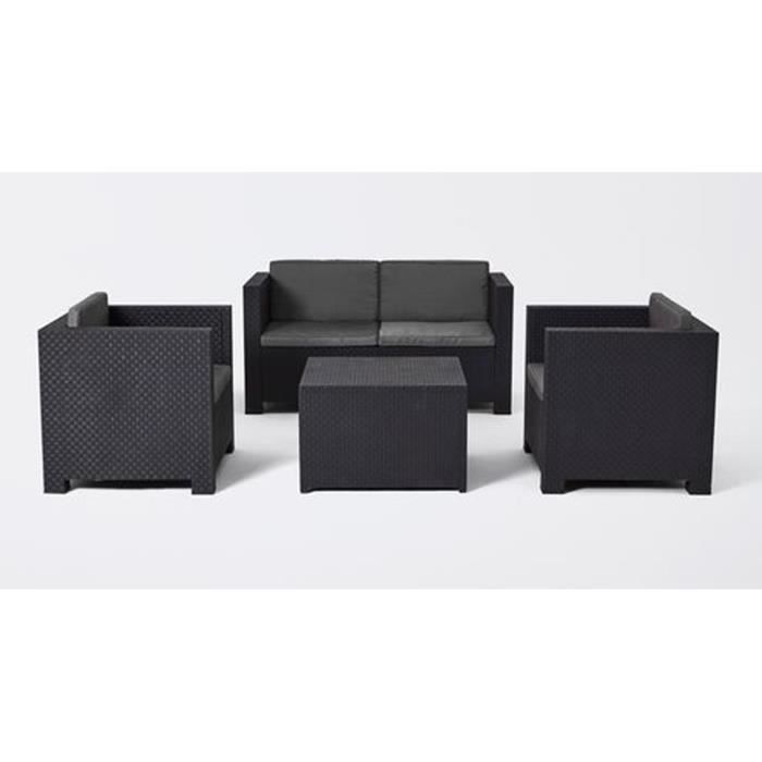 Salon de Jardin 4 Places en résine coloris Anthracite (1 canapé 2 places + 2 fauteuils + 1 table basse) Salon de Jardin 4 Places en résine coloris Anthracite (1 canapé 2 places + 2 fauteuils + 1 table basse)