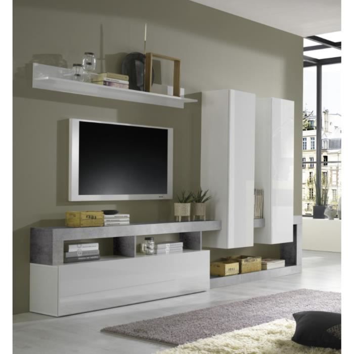 Ensemble TV avec 1 meuble bas , une étagère et 2 colonnes blanc brillant, ciment - Longueur 277 x hauteur 173 x profondeur 35 cm