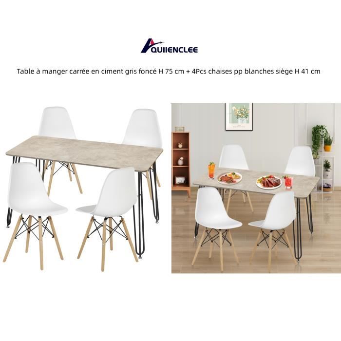 QUIIENCLEE Table à manger carrée en ciment gris foncé H 75 cm + 4Pcs chaises pp blanches siège H 41 cm